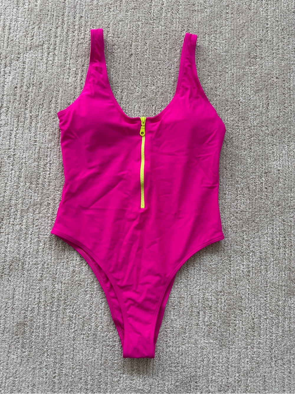 Bright Pink One-Piece Swimsuit with Neon Green Zip